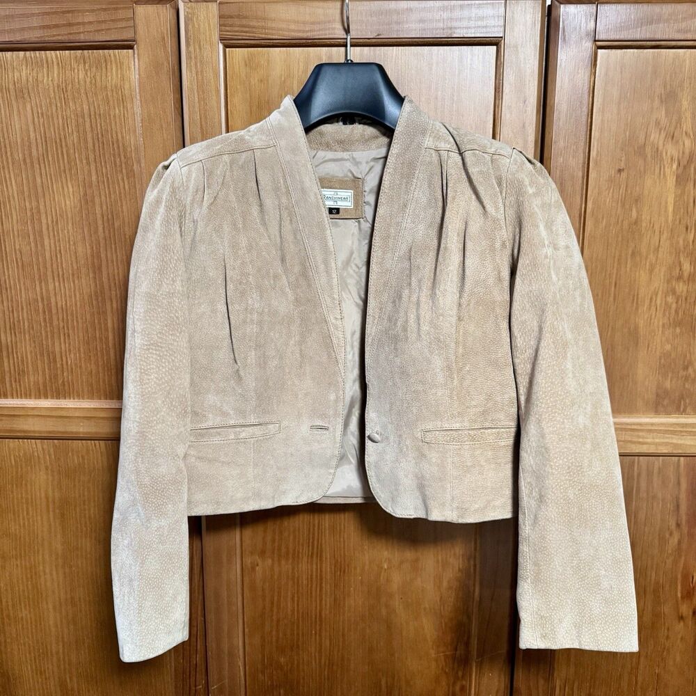 Vintage Western Cropped Suede Leather Jacket Size 12, Beige Tan, Made in Korea